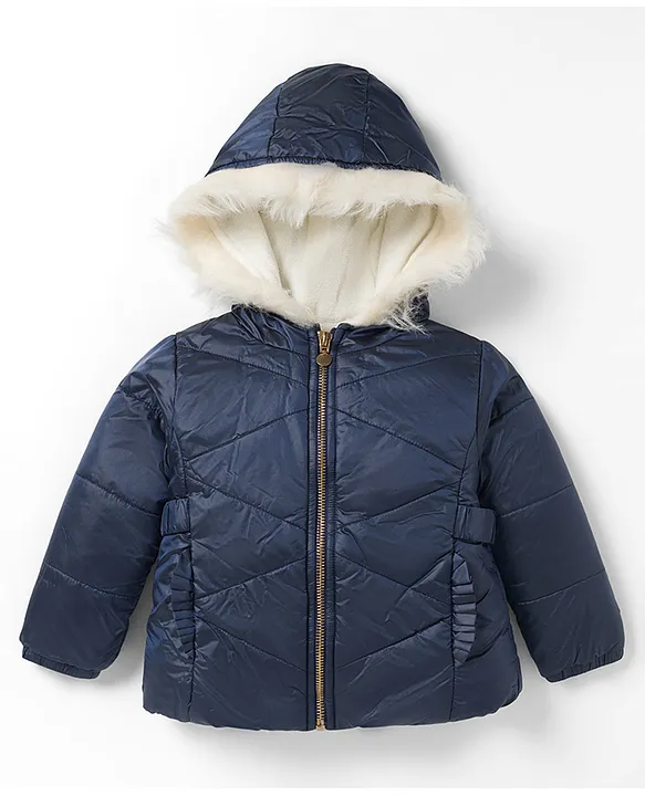 Full Sleeves Fur Detailed Padded Light Winter Hooded Jacket - Navy Blue