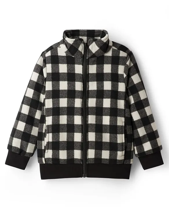 Polar Fleece Knit Full Sleeves Checked Light Winter Jacket - Black