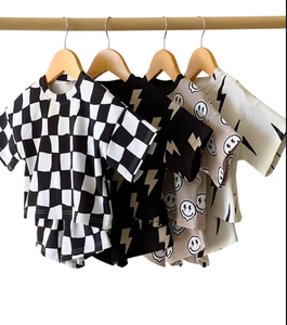 Summer Toddler Unisex Boys Girls Custom Pattern Checkerboard lightning Knitted Cotton Toddler Shorts Casual Set  2pcs Set