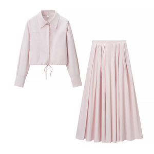 Pink Color Turn Down Collar Button up Long Sleeve Tops Blouse Shirts Zipper Fly Pleated Skirt Casual Fashion 2 Piece Set