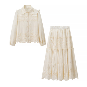 Beige Color Turn Down Collar Button up Long Sleeve Tops Elastic Waist Eyelet Embroidery Skirt Casual Fashion 2 Piece Set