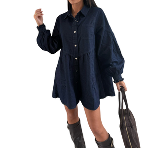 Fashion Casual Button Long Sleeve Midi Denim Dress