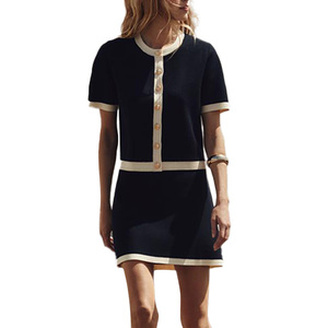 Wholesale Custom Wool Blend Knit Short Sleeves Cardigan Skirt Set Crew Neck Summer High-Quality 12GG Knitwear OEM