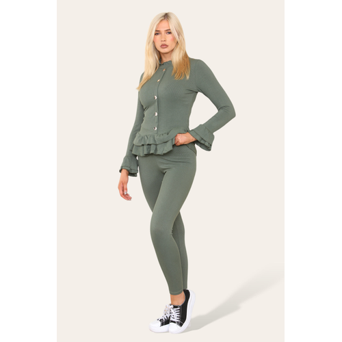 Long Sleeves Peplum Front Buttons Frilled Hem Lounge Wear Set - Image 4